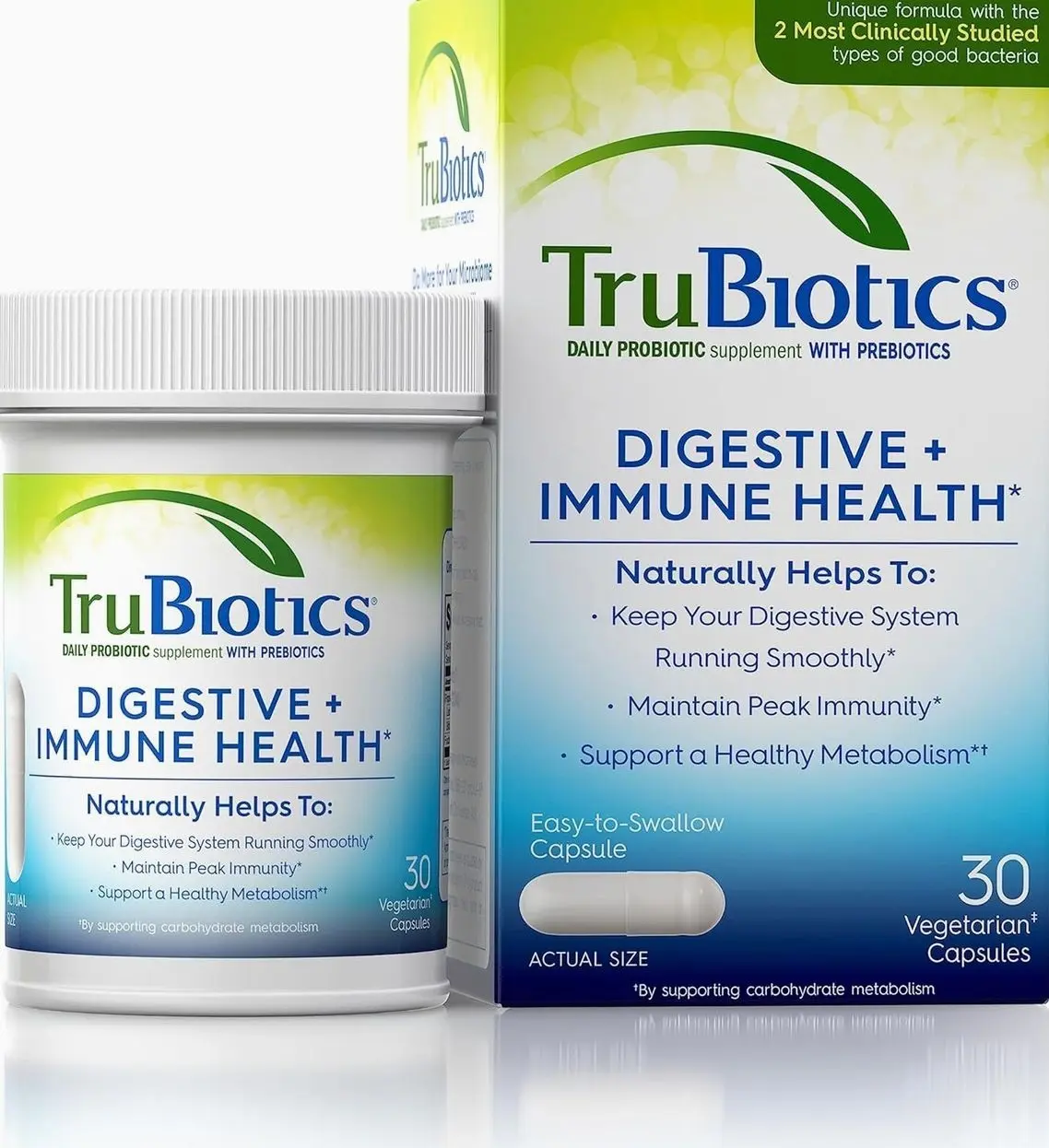 TruBiotics Probiotics for Digestive & Immune Health, Supports Regularity & Helps Relieve Abdominal Discomfort, Gas & Bloating, 2 Clinically Studied Probiotic Strains, Plus Prebiotics, 30 Capsules
