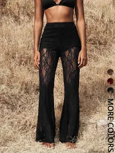 Valentine's Day Women's High Waist Lace Knit Pants, Sexy Transparent Design, Flare Leg, Elegant Ladies' Fashion, Perfect for Daily Wear