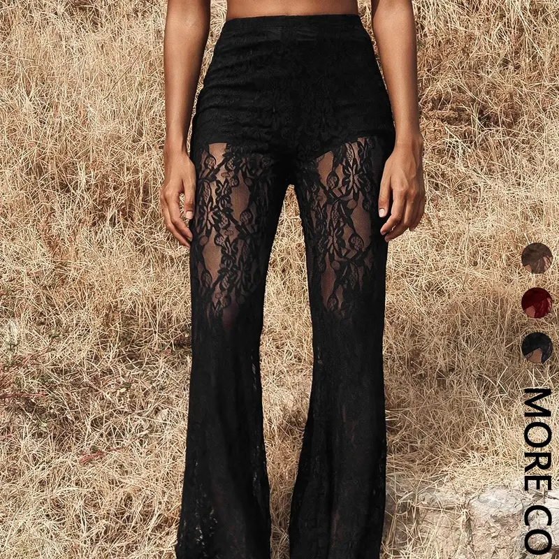 Valentine's Day Women's High Waist Stretchable Fit Lace Knit Pants Bottoms, Sexy Transparent Design, Bell Bottoms Pants, Flare Leg, Elegant Ladies' Fashion Style, Perfect for Daily Wear