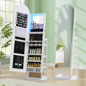 FREDEES Arched Mirror Jewelry Cabinet with Storage, LED Jewelry Armoire w/Full Length Mirror & 360° Swivel, Standing Jewelry Holder Organizer with Rear Storage Shelves & Hooks, Lockable - White Furniture Organization Design Modern Minimal Interior