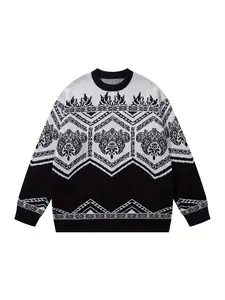 Men's Colorblock Nut Flower Jacquard Sweater, Trendy Casual Round Neck Knitwear, Fall Winter Fashion Pullover, Versatile Loose Fit
