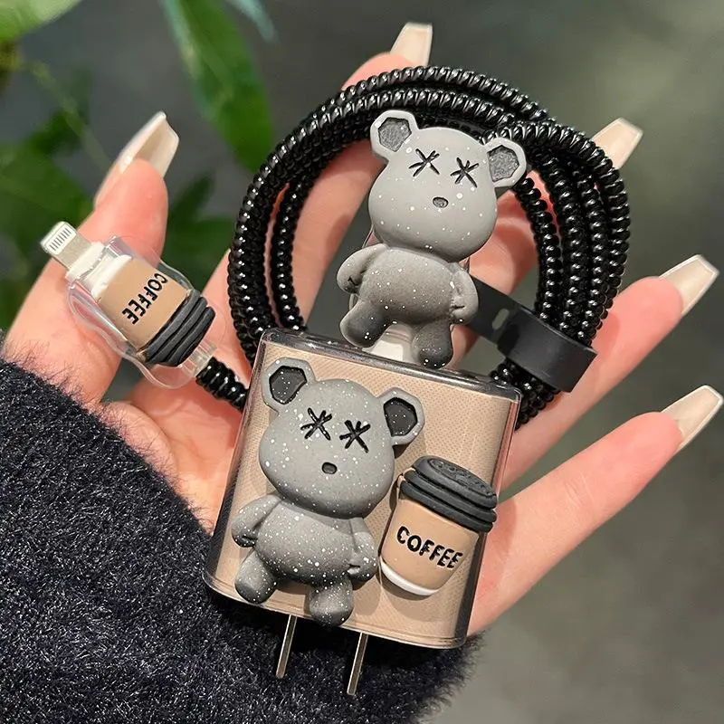 Cute Bear Design Data Cable & Charger Protector Set, Anti-break Data Cable Protective Case, Phone Accessories Compatible with iPhone Charger Lightning Charging Cable