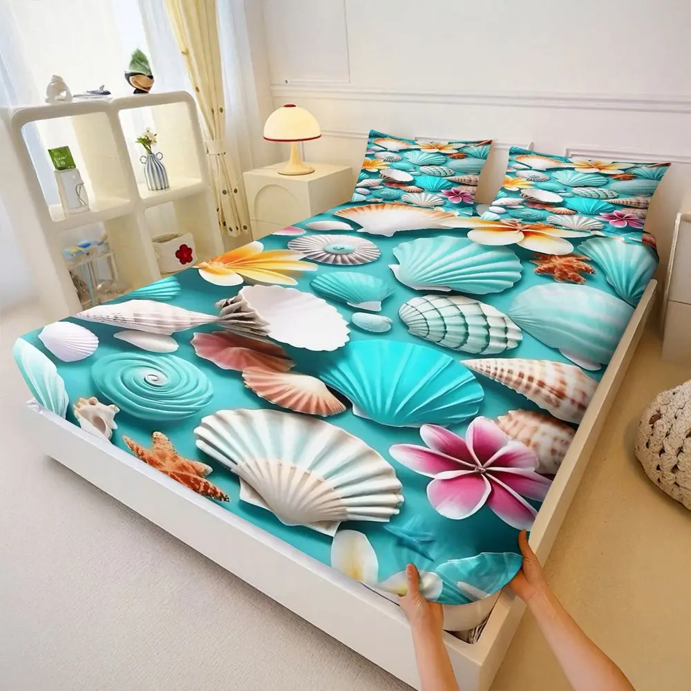 3PcsVibrant Seashell & Flower Fitted Sheet Set, Tropical Bedding Set with Digital Print Design, Soft and Durable Microfiber Bedspreads, Perfect for Beach-Themed Bedroom Decor and Summer Vibes, Includes 2 Pillowcases, No Pillow Core