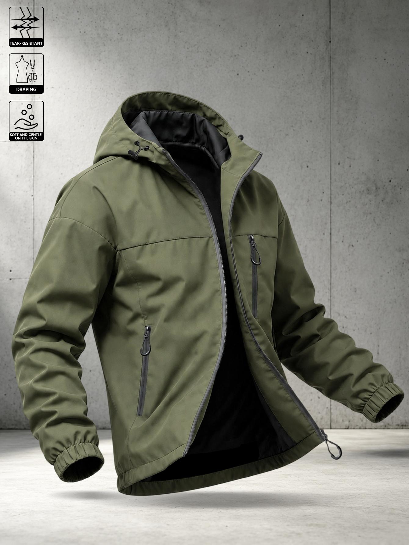 American workwear solid-color men’s army green hooded functional jacket, relaxed drop-shoulder design that doesn’t restrict movement, hidden safety zipper pockets, wear-resistant wrinkle-resistant woven fabric, multi-scenario hiking outerwear