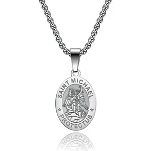 FIMENESS ARCHANGEL SAINT MICHAEL ENGRAVED PENDANT NECKLACE STAINLESS STEEL NON TARNISH