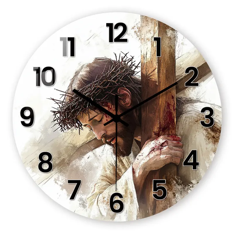 1 acrylic wall clock, religious theme - silent clock with a pattern of Jesus carrying the cross, suitable for living rooms, church-related room decoration, a meaningful gift for Christians on religious holidays such as Passion Day, does not include AA bat