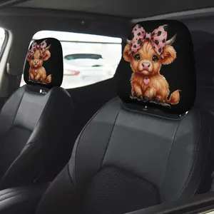 2pcs Cute Highland Cow Printed Car Headrest Covers Unisex Protective Covers, Car Interior Accessories, Decoration, Ideal Gift, Vehicle Pillows, Auto Accessories