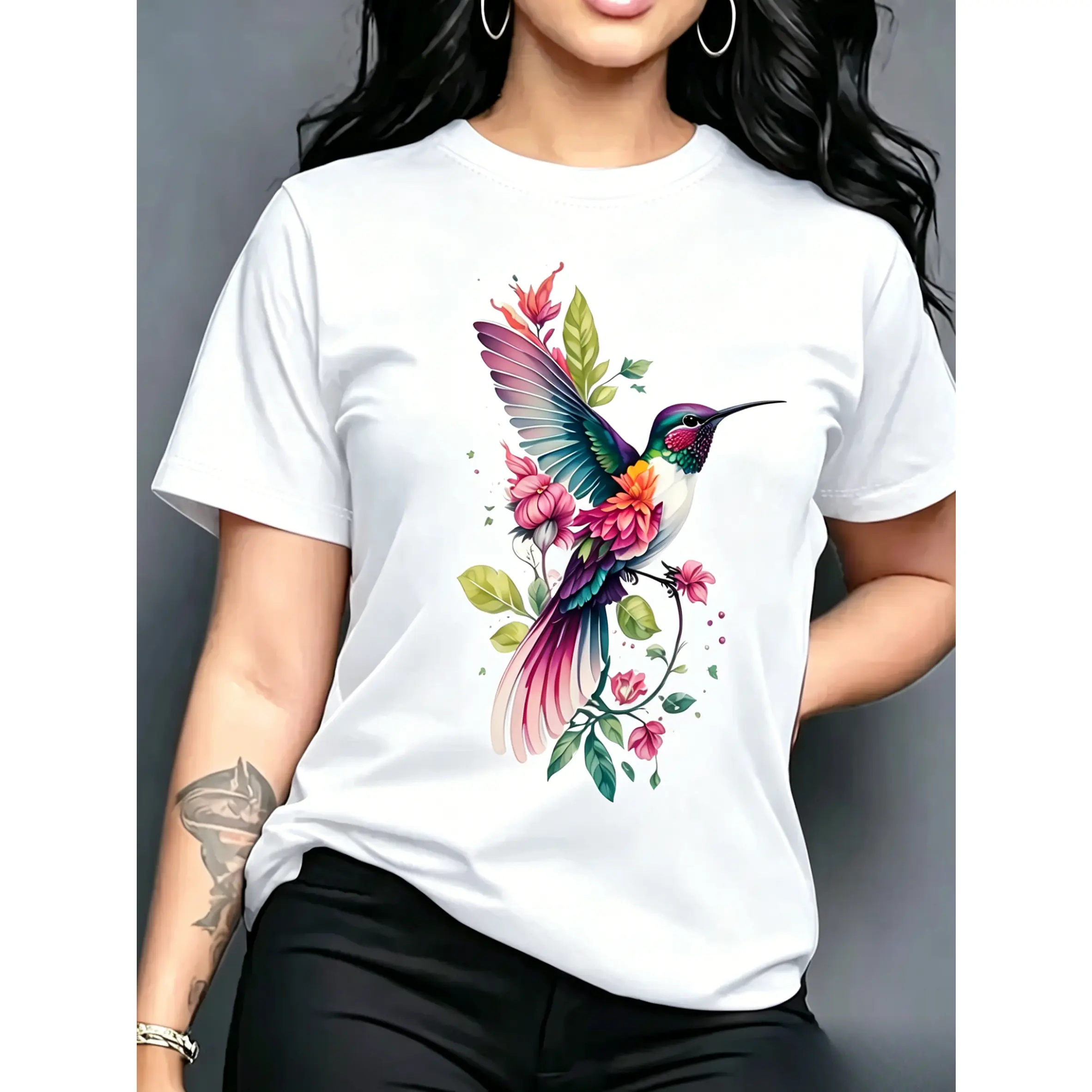 Women's Hummingbird & Flower Graphic T-Shirt, Casual Boho Shortsleeve Top with a Loose Fit and Drop Shoulders breathable, Hummingbird Print, Athletic, All Seasons, Foldable, Basic