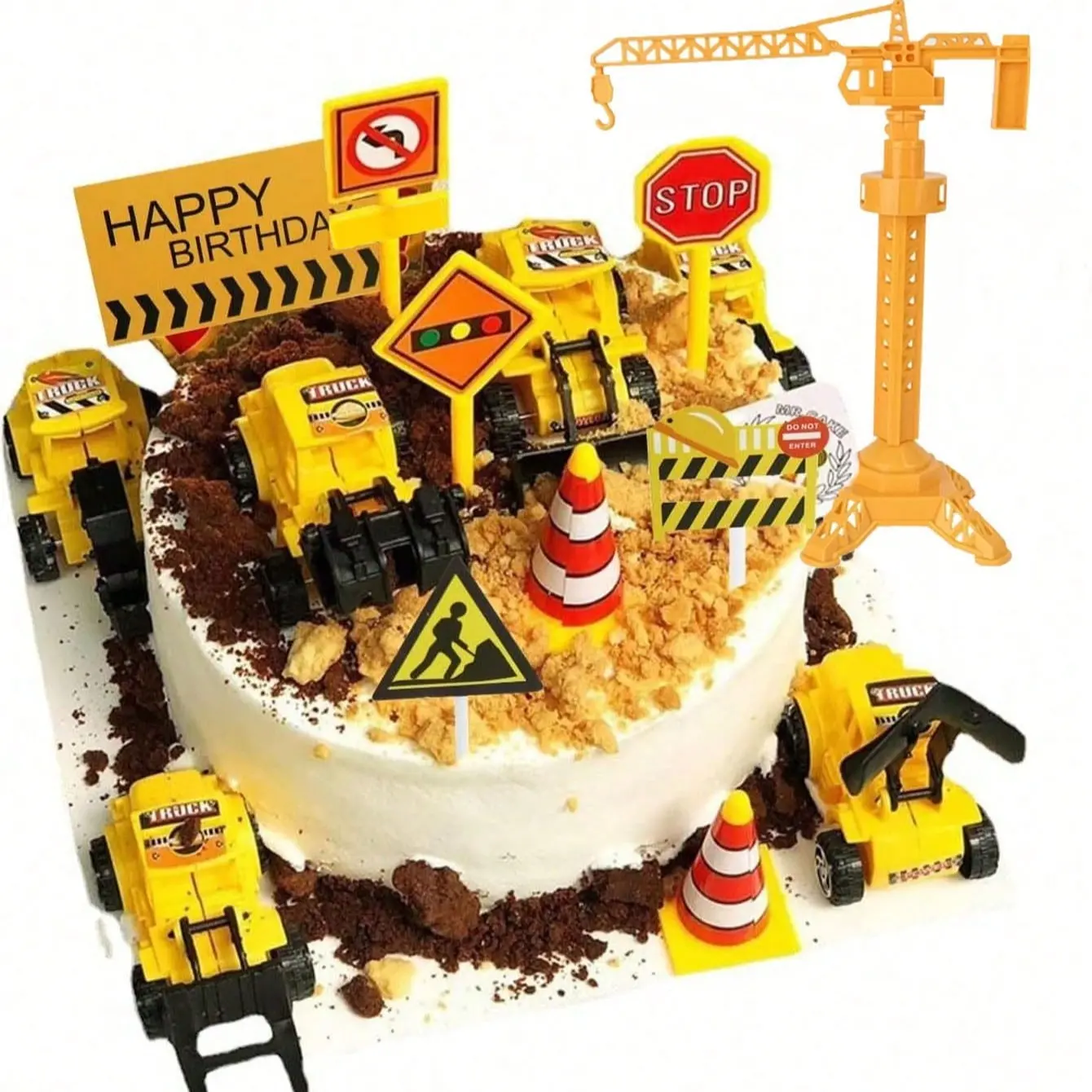 18 Piece Engineering Theme Cake Decor Set, Includes Excavator, Crane, Cupcake Toppers, Traffic Signs, Ideal for Birthday Parties