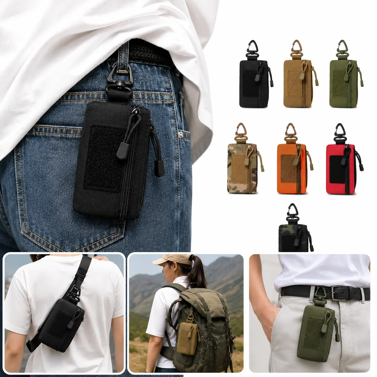 Mini Zip Utility Pouch with Carabiner Clip - Compact Key Organizer Wallet for Cash, Cards, Coins & Everyday Carry Accessories