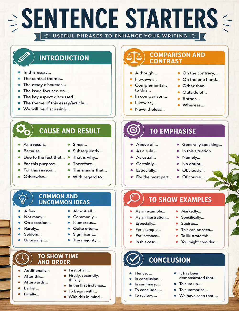 Sentence Starters Poster English Grammar Classroom Poster Writing Skills Anchor Chart Educational Wall Art Canvas Print ESL ELA Learning Teacher Classroom Decor Homeschool Bulletin Board School Office Study Room Framed Poster Gift for Students Kids