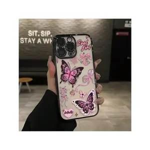 Pink Butterfly Pattern Phone Case Camera Lens Protection For IPhone 15 16 14 Promax 13 12 11 XR XS Plus Shockproof Non-Slip Silicone Transparent Acrylic Large Hole Phone Protective Film