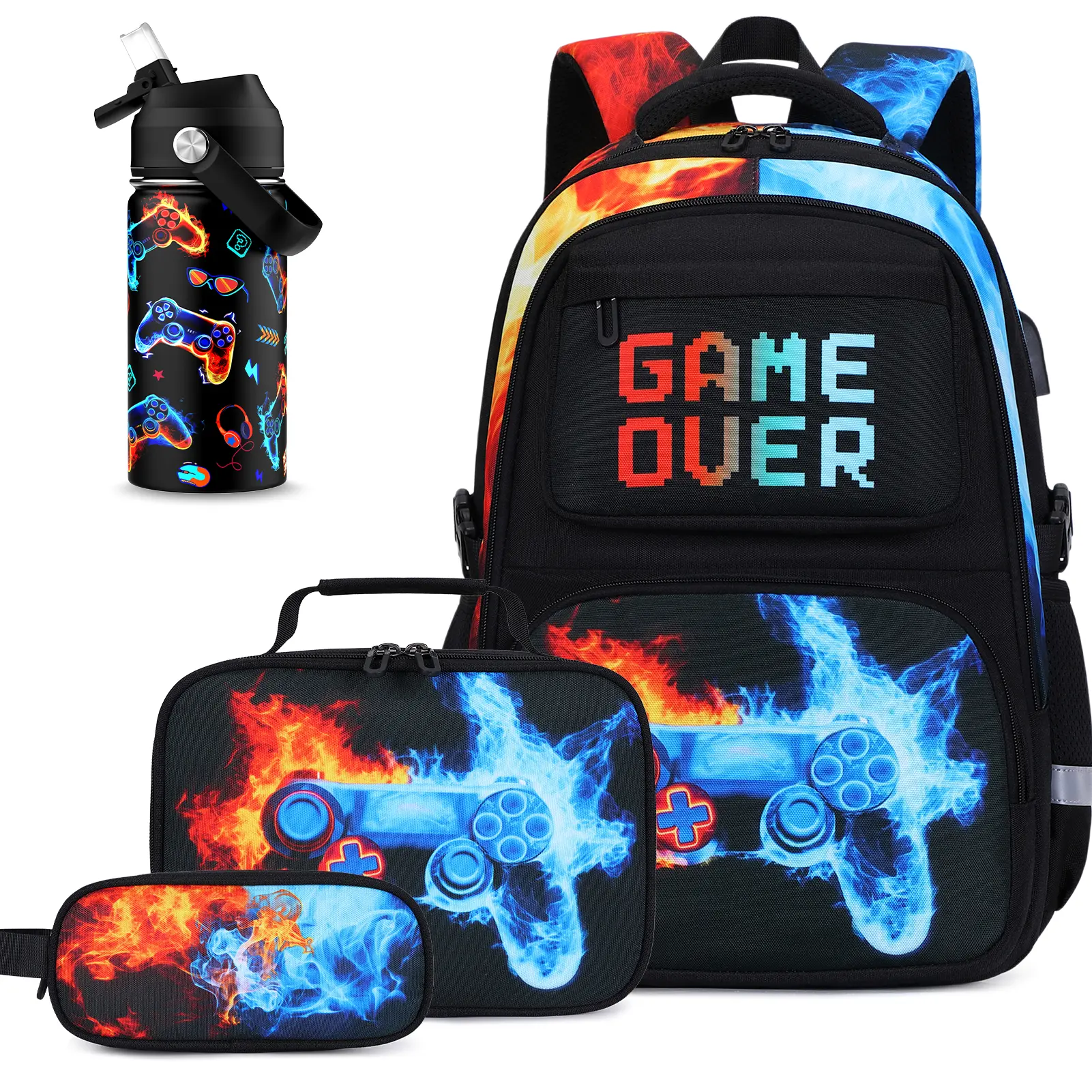 4PCS Water Bottle Set [Red Blue Flame]