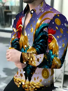 Men's Breathable Lapel Long Sleeve Cardigan with Golden Rooster Bitcoin Gold Coin Print Casual Graphic Shirt