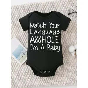 Cute Baby Bodysuit With Watch Your Language ... Im A Baby Print Soft Versatile Round Neck Button Detail Regular Fit All Seasons Knitted Fabric Onesie For 0-12 Months