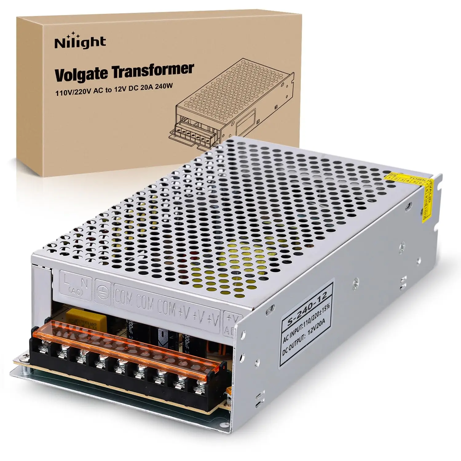 Nilight AC 110V/220V to DC 12V Voltage Converter - 20A 240W Adjustable Switching Power Supply, 20A Per Channel, Overload Safe, Overheat Protection, Metal Heat-Dissipation Enclosure Adapter for LED Lights, 3D Printer (Father's Day Gift Option), Voltage Adj