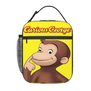 Cartoon Curious george Lunch Bag, Insulated Curious george toys Lunchbox for Picnics. Cute Curious george stuffed animal Reusable Lunch Bag with Pockets, Perfect Present for Holiday Parties, Anniversaries and Graduation