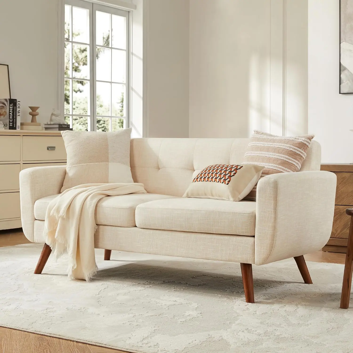 Tbfit 77.2" Linen Loveseat Sofa - Mid-Century Modern Compact Durable Easy Sofa Sets, Button Tufted Design, Solid Wood Legs, Pocket Spring Cushion, Easy Assembly, Summervibes, Compact Sofa Sets,dorm essentials,home decor