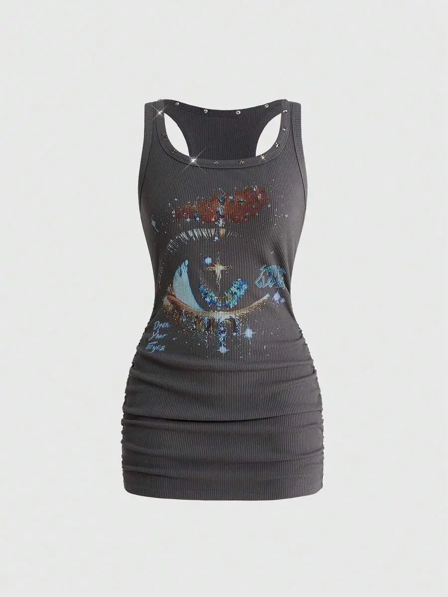 MURACHIC Grunge Punk Women's Retro Baddie Unisex Streetwear Versatile Eye & Star Print Studded Bodycon Mini Dress