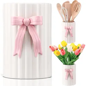 Pink Bow Ceramic Utensil Holder 3D Coquette Handmade Pink Kitchen Decor Gifts Cooking Utensil Crock with Scalloped Preppy Caddy Pen Holder Vase Graduation Gift for College Students