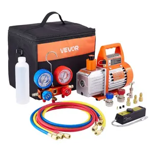VEVOR 4 CFM AC Vacuum Pump and Gauge Set, 1/3 HP, Single Stage Rotary Vane HVAC Air Vacuum Pump, A/CRefrigerantManifold Gauge Kit, with Leak Detector, Carry Bag, for R134a R22 R410a Refrigerants