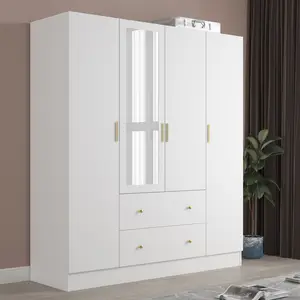 Modern 4-Door Armoire Wardrobe Closet with Mirror - Spacious Storage, Streamlined Design & Durable Build for Bedroom Organization, White