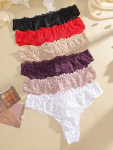 Women's Lace Patchwork Thong Panties, Comfortable Breathable Underwear, 6 Pack Solid Color Lingerie Set, Casual Daily Wear, Sheer Lace Panty, Breathable Soft Underwear