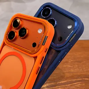Luxurious orange magnetic wireless charging metal lens holder phone case, compatible with iPhone 17 Pro Max 16 15 14 13 12 Pro Max Plus 17pro 17promax, comes with independent lens protector, acrylic back panel, shockproof armor,