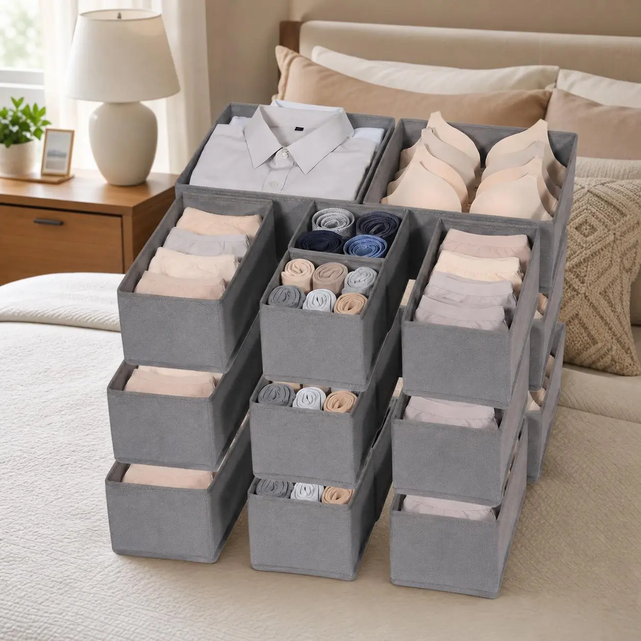 Garvee Drawer Organizer Clothes, Set of 18 Dresser Organizer Bins for Baby Clothes, Underwear, Bra & Sock, Foldable Fabric Closet Drawer Divider Organization for Bedroom, Nursery, Grey
