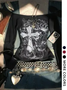 Women's Off-Shoulder Long Sleeve Vintage Cross Slim Fit T-Shirt, Casual Fashionable Top, Y2K Style, Sister Gift, Holiday Gift, Fall Winter