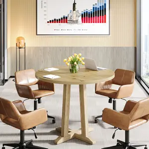 Tribesigns Round Office Table for 2-4 in Conference Rooms, 31.5-Inch Natural Wood Meeting Table with Unique Sturdy Pedestal