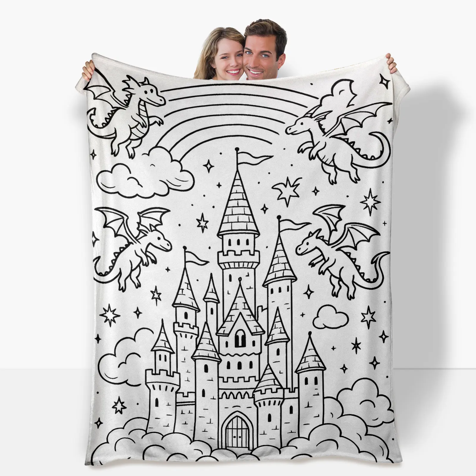 Color-Fillable Flannel Throw Blanket - Markers Not Included, Castle & Flying Dragon Design, Cozy Soft Fluffy Decorative Giftable Craft for Parent-Child Collaboration, Interactive Textile Bedding Accessory, Cozy Throw Blanket, Decorative Giftable Blankets