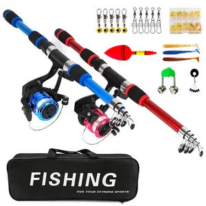 Beginner Fishing Set, Blue Color 1.8m Telescopic Rod Reel Combo, Fiberglass Rod, Spinning Reel, Lure Box, Travel Kit, Fishing Tackle Kit, Fishing Gear