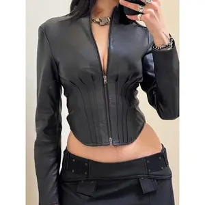 Women's Fall Winter Slim-Fit PU Leather Jacket, Street Style Punk Long Sleeve Coat, Plain Color Short Outerwear for Girls