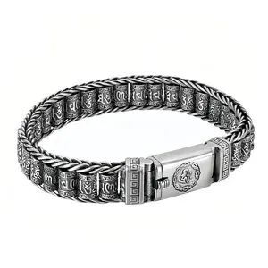 Chiorgone Sterling Silver Six Words Mantra Bracelet - Buddhist Om Symbol & Greek Key Design, Engraved Braided Chain for Men/Women, Antique Finish Meditation Jewelry Gift with Secure Clasp