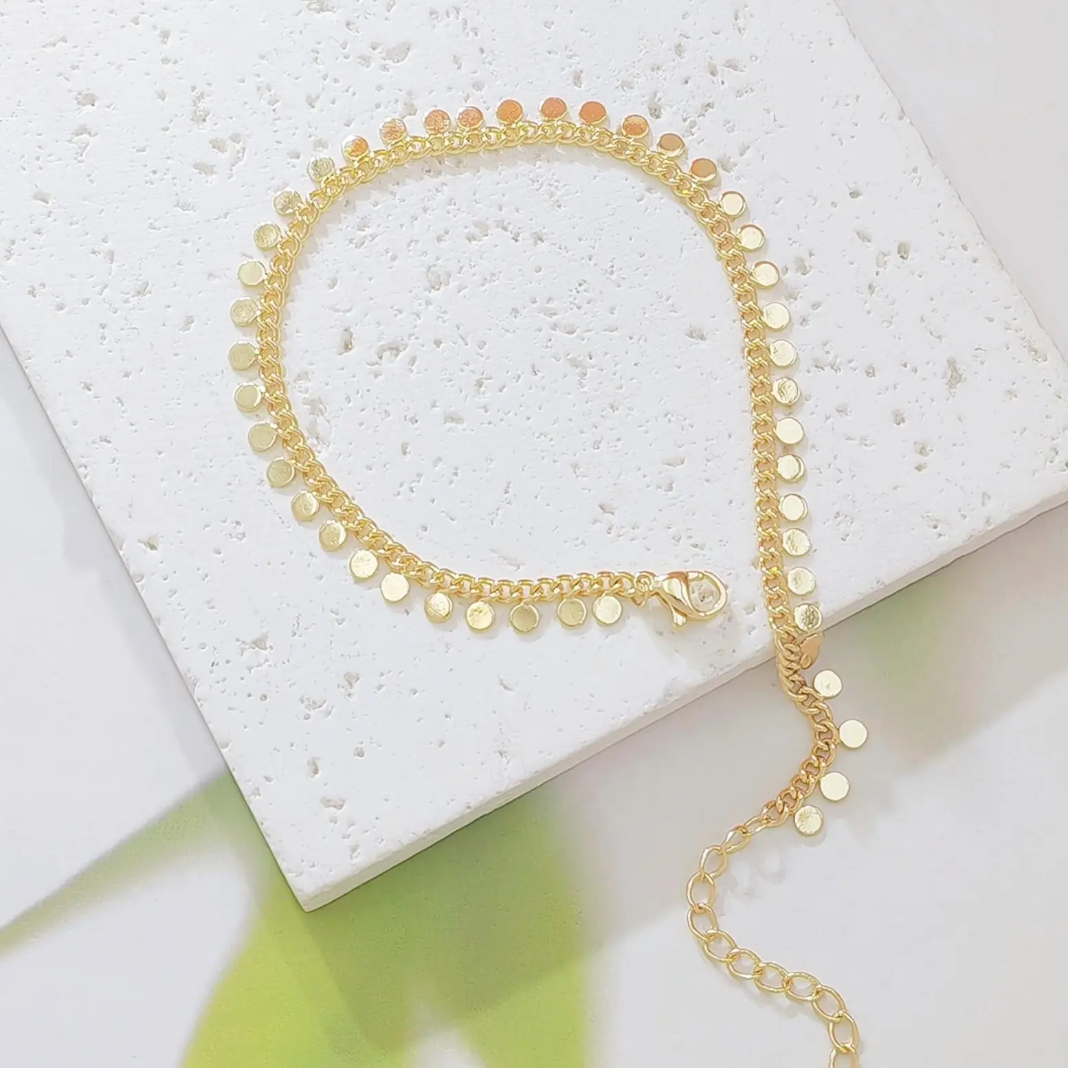 14K Gold Plated Copper Dainty Disc Ankle Bracelet for Women, Tiny Round Coin Tassel Curb Chain Adjustable Anklet with Extension Chain, Summer Beach Foot Jewelry Gift for Birthday Valentine’s Day