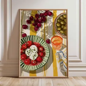 Food Still Life Poster, Colorful Dining Room Artwork, Fruit and Salad Print , Rustic Wall Decor| Framless Poster D