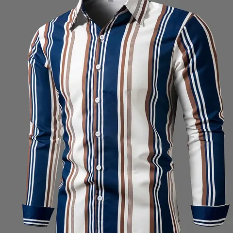 Men's Striped Print Button Front Casual Fashion Shirt, Regular Fit Casual Long Sleeve Collared Top for Fall & Winter, Men's Clothes for Daily Wear, Casual Fitted Collared