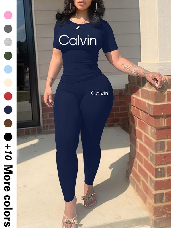 Calvin Letter printing Women's Casual Two-Piece Set, Fashionable Print Crop Top & Shorts, Summer Thin Fabric, Perfect for Daily Comfort