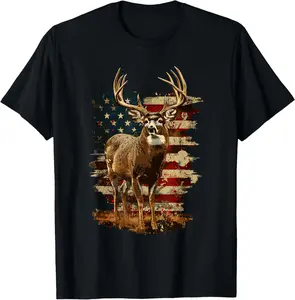 Whitetail Buck Deer Hunting 4th Of July USA American Flag Casual Short Sleeve Cotton T-Shirt