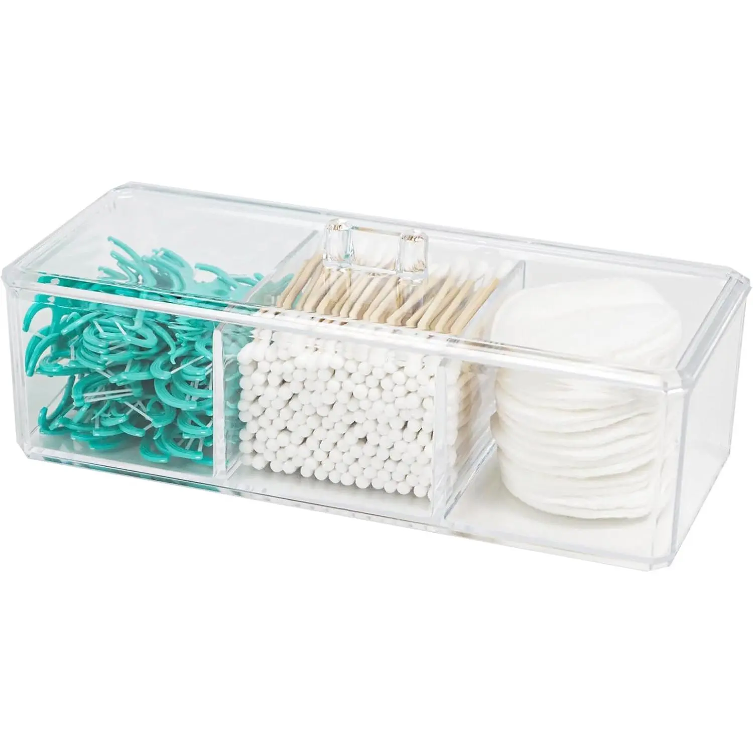 Transparent Cotton Bathroom Vanity Organizer Box with Hinged Lid - 3-Divided Compartments, Waterproof Small Plastic Drawer Organizer, 9.4x4x3 Inch Pad & Eyelash Extension Supplies Holder