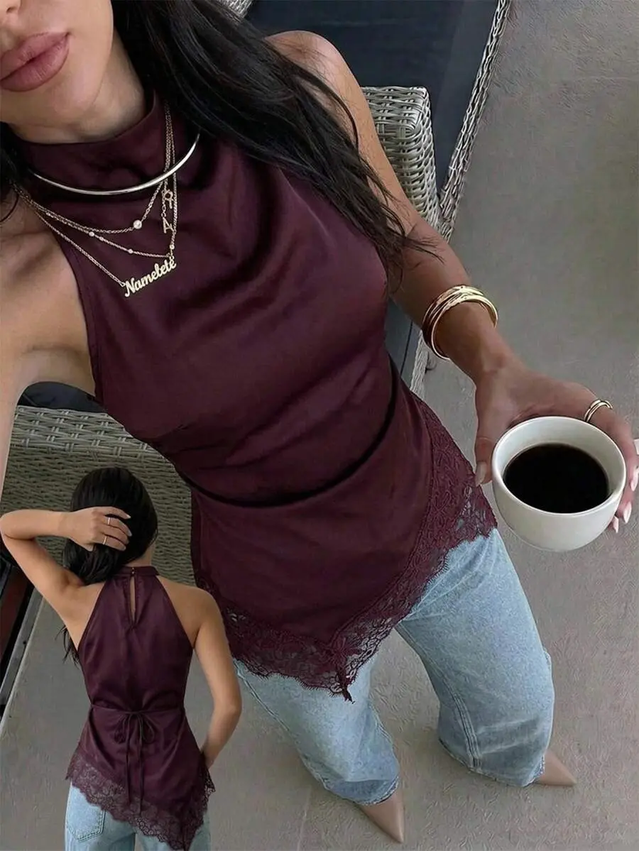 Firerie New Women's Burgundy Satin Blouse With Lace Trim, Featuring A Cinched Back Waist And Tie, A Simple And Elegant Turtleneck With Lace Trim, An Asymmetrical Hem, And A Sleeveless Design. The Glossy Finish Adds A Touch Of Sexiness, Making It Suitable
