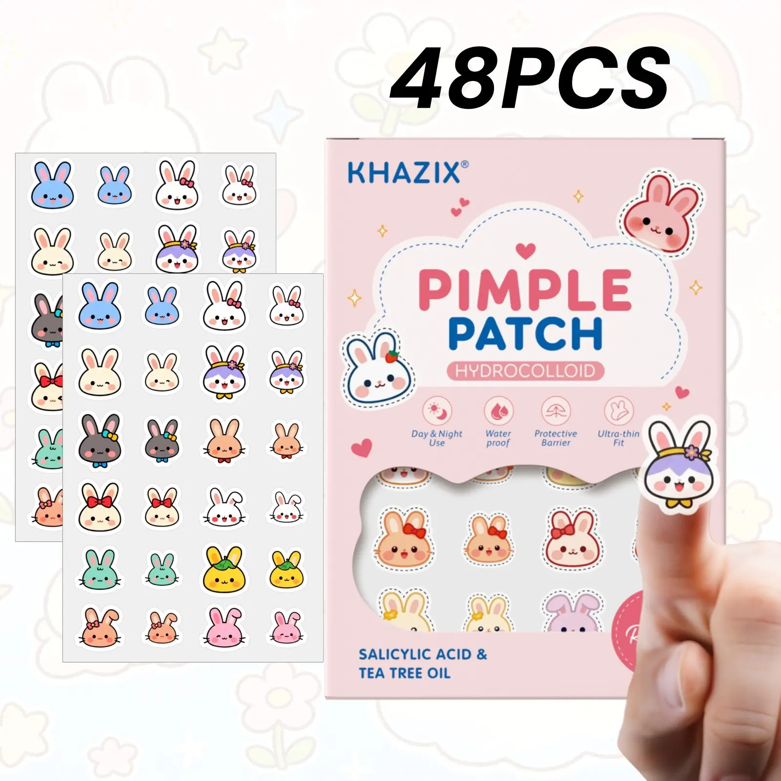 48 Pcs Cute Rabbit Acne Patches, Acne Spot Treatment, Salicylic Acid, Tea Tree, Calendula, Gentle Coverage, All Skin Types, Day & Night Use, Portable Travel Pack