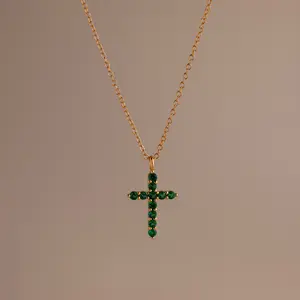 Pave Emerald Cross Necklace by Caitlyn Minimalist - Dainty Green Gemstone Pendant Necklace - Everyday Layering Necklace - Church Jewelry - Grandma Gift