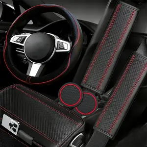 6-Piece Car Interior Accessory Set: Sporty PU Leather Steering Wheel Cover (Universal Fit: 14.5–15 Inches), Microfiber PU Leather Center Console Cover, Seatbelt Pads, and Cup Holder Coasters; All-Season Universal Car Accessories