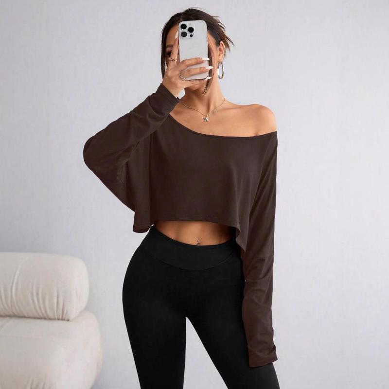 Loose Off The Shoulder Crop Tops for Women Long Sleeve Oversized Crop Tops Workout Spring Summer Casual T Shirt