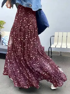 Women's French Country Style Floral Cake Dress, High Waist Elastic Multi-Layer A-Line Skirt, Summer Vacation Long Dress for Girls