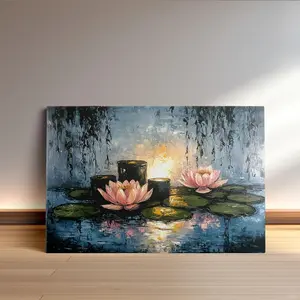 Modern minimalist framed canvas wall art – lotus and water lily theme, comes with a hanging frame, Zen-style suitable for living room, bedroom, bathroom, and office decoration, contemporary botanical-themed canvas