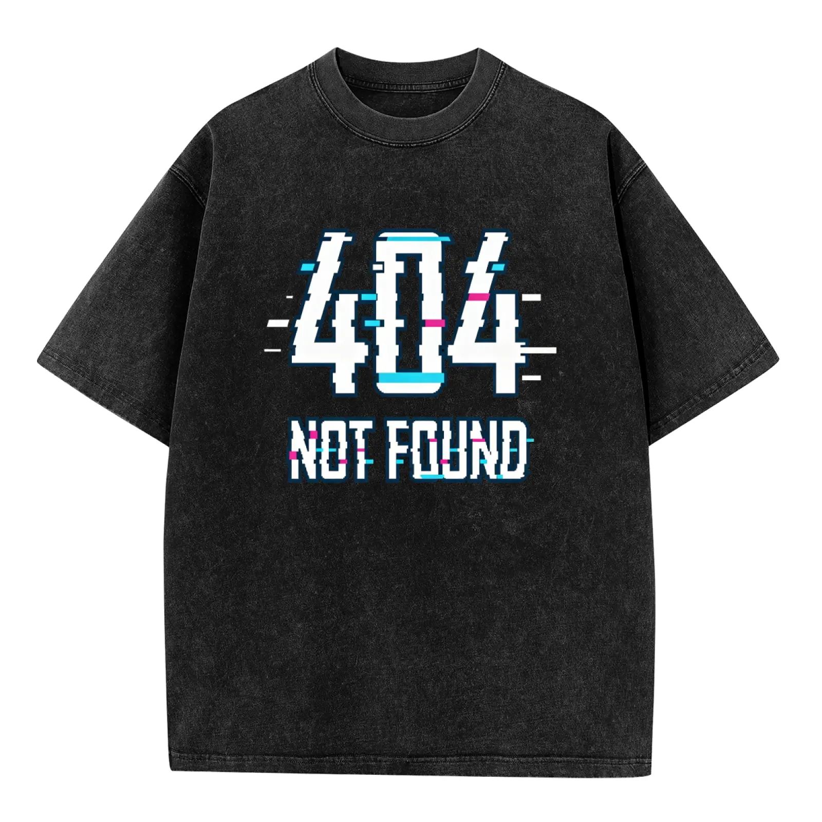 Vintage-wash oversized T-shirt, “404 Not Found” pixel art T-shirt, cyberpunk retro-tech style, casual unisex short-sleeve top, summer short-sleeve shirt, unique and funny gift. Menswear Tshirt Streetwear Crewneck Shortsleeve