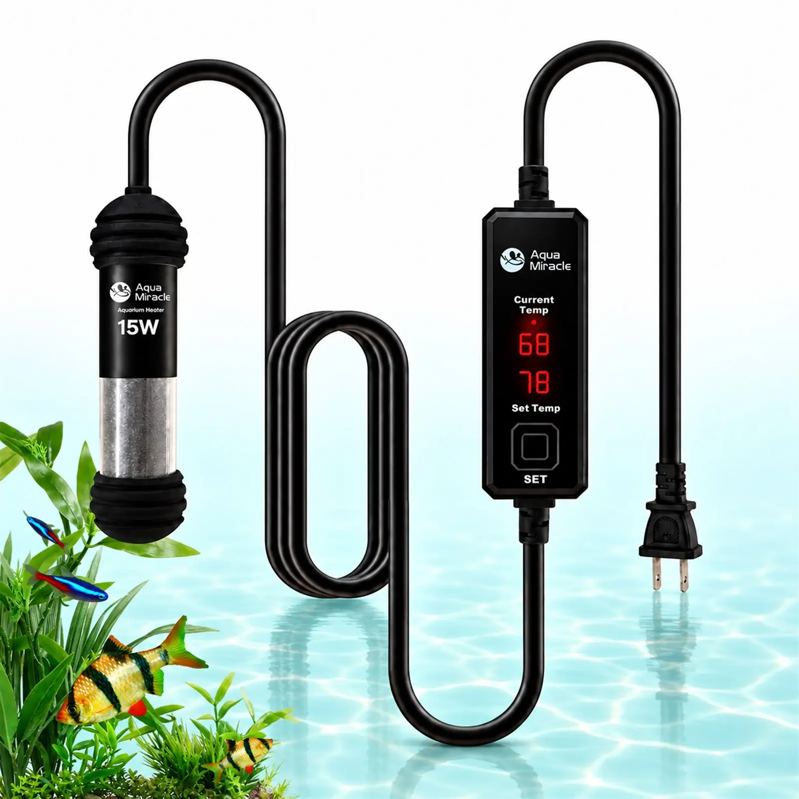 AquaMiracle 15-100W Shatterproof Glass Aquarium Heater for Tanks, Compact Temp Control Device with Dual LED Display, Dry-Run/Overheat Guard, Memory Function, Intelligent Sensors & Inverter Technology for Fish/Turtle Tanks